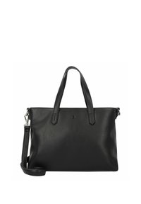 Borsa tote in pelle nera con due manici superiori, tracolla rimovibile e finitura liscia. Presenta un logo sottile sul davanti.
