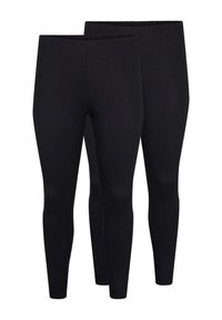 Two pairs of black leggings made from stretchy material, featuring a high waistband and a smooth, matte finish. No patterns or accents.