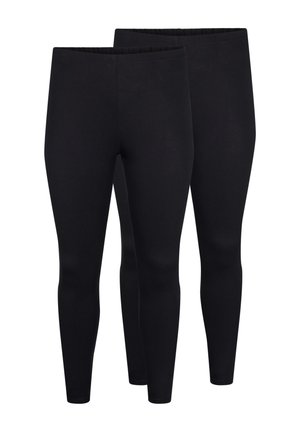 Two pairs of black leggings made from stretchy material, featuring a high waistband and a smooth, matte finish. No patterns or accents.