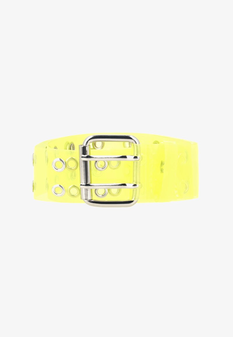 Žlutý průhledný pás vyrobený z PVC s kulatými výřezy a stříbrnou kovovou sponou. Má lesklou texturu a nastavitelné otvory.