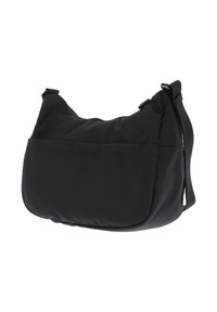 Borsa a spalla in tessuto nero con una forma morbida e arrotondata. Presenta una chiusura con zip, una tracolla regolabile e una tasca frontale per ulteriore spazio di archiviazione.