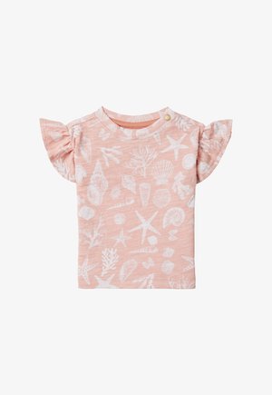 Rosa kurzärmliges Hemd mit Rüschensäumen, das ein weißes maritimes Muster aus Muscheln und Sternen aufweist, sowie einem Knopfdetail nahe dem Hals.