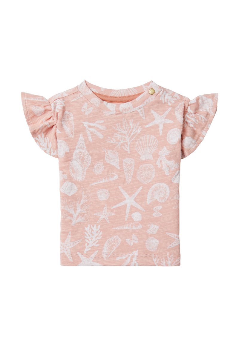 Różowa koszula z krótkim rękawem i falbaniastymi rękawami, z białym, morskimi wzorem muszelek i gwiazd, oraz detalem z guzikem przy szyi.