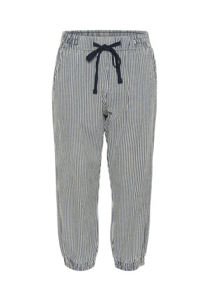 Pantalon décontracté rayé vertical bleu et blanc avec taille élastique, cordon noir, poches latérales et bords élastiques.