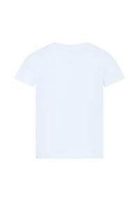 T-shirt bianco a maniche corte con collo rotondo, caratterizzato da una texture liscia e un design semplice e privo di decorazioni.
