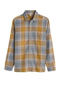 Camisa de botones en un patrón de cuadros en azul, mostaza y marrón. Mangas largas, cuello y bolsillo en el pecho. Fabricada con tejido texturizado.