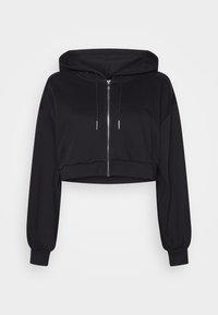 Sudadera corta negra con cremallera frontal, capucha con cordón y mangas largas tipo globo. Presenta una tela suave y un diseño minimalista.