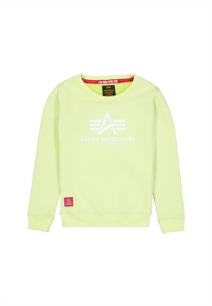 Hellgrüner Sweatshirt aus weichem Stoff, mit Rundhalsausschnitt, gerippten Bündchen und einem weißen Logo mit einem roten Etikett am Saum.