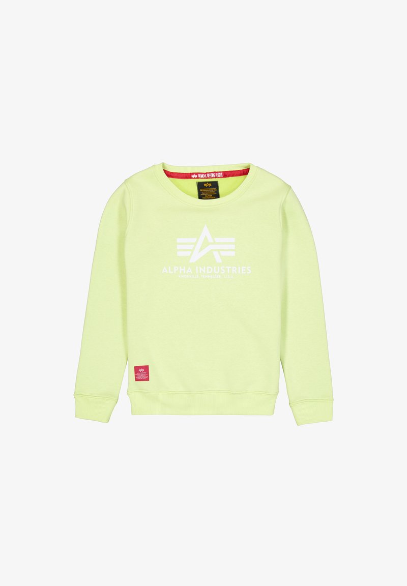 Világoszöld pulóver, puha anyagból készült, kerek nyakkal, bordás mandzsettákkal, és egy fehér logóval, amely piros címkénél található az alján.