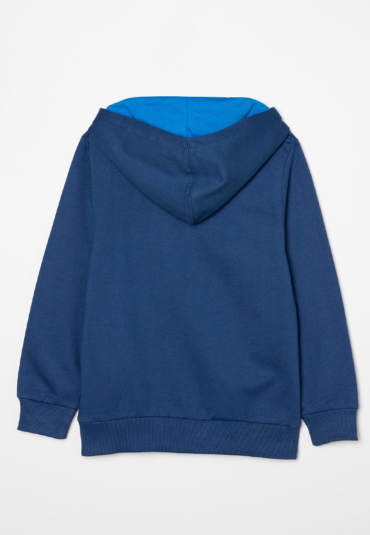 Marineblaue Kapuzenjacke mit blauer Innenauskleidung, gerippten Bündchen und Saum sowie einem nahtlosen Design auf der Rückseite. Leichtes Baumwollmaterial.