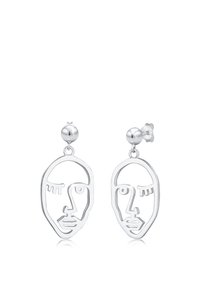 Orecchini in argento con design astratti di volti, contorno in filo sottile, chiusura a perno rotonda, superficie liscia, con dettagli minimalisti e senza colore.