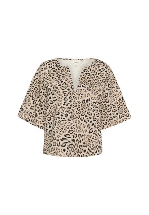 Løveprikket kortærmet bluse i et blødt, let stof. V-halsdesign med en løs pasform og subtil tekstur. Perfekt til afslappet brug.