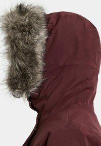 Burgunderfarbene Winterjacke mit einer mit Fell gefütterten Kapuze. Der Stoff ist glatt und die Kapuze hat einen grauen Kunstfellbesatz.