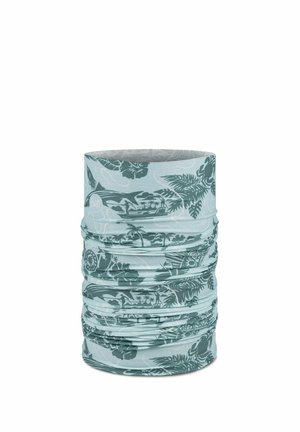 Light blue multifunctional neck gaiter with dark green tropical and ocean-themed patterns including fish, leaves, and boats.
