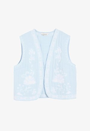 Világoskék ujjatlan steppelt mellény fehér virágos hímzéssel és díszítő szegéllyel az elülső éleknél és az alsó szegélyen.