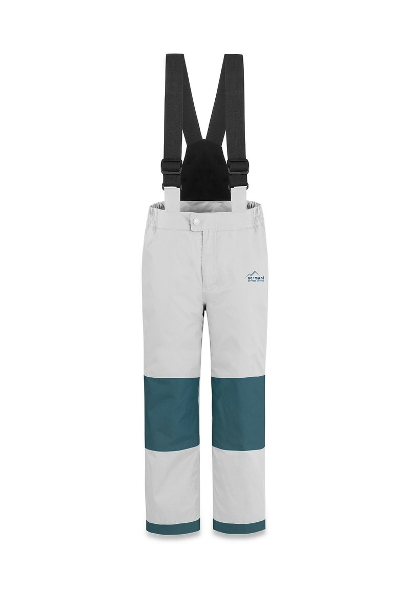 Wasserabweisende Schneehose in Grau mit türkisfarbenen horizontalen Streifen. Verfügt über verstellbare schwarze Hosenträger und einen elastischen Bund für Komfort.