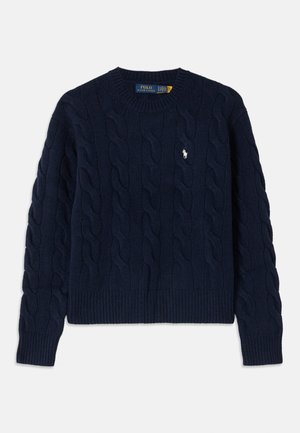 Navy cable-knit sweater with a crew neckline, ribbed cuffs and hem, featuring a small embroidered logo on the left chest.