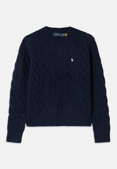 Navy cable-knit sweater with a crew neckline, ribbed cuffs and hem, featuring a small embroidered logo on the left chest.