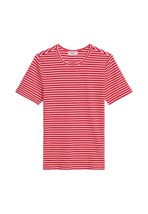 T-shirt à manches courtes rayé horizontalement rouge et blanc avec un col rond, posé à plat sur un fond blanc.