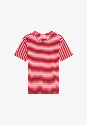 Rood-wit horizontaal gestreept T-shirt met korte mouwen en een ronde hals, plat gelegd op een witte achtergrond.