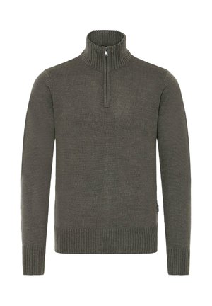Mørkegrønn genser med høy ribbestrikket krage og halvlukking. Ribbestrikkede mansjetter og nederkant. Glatt strikket tekstur uten mønstre eller detaljer.