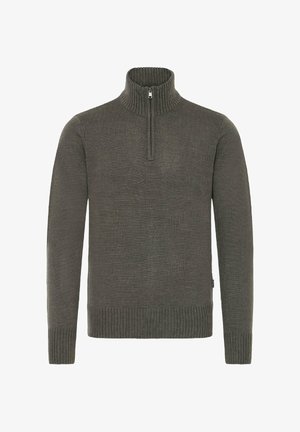 Mørkegrønn genser med høy ribbestrikket krage og halvlukking. Ribbestrikkede mansjetter og nederkant. Glatt strikket tekstur uten mønstre eller detaljer.