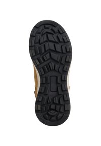 Sottopiede in gomma nera con tacche profonde, intersuola di colore chiaro in contrasto e parte superiore in pelle marrone con design curvo.