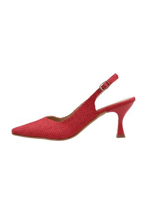 Escarpin slingback rouge tissé avec bout pointu, bride à boucle réglable et talon évasé de hauteur moyenne.