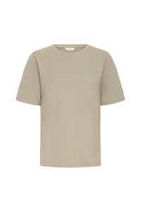 Beige T-shirt med korte ærmer og rund hals, løstsiddende pasform, vist fladt på en hvid baggrund.