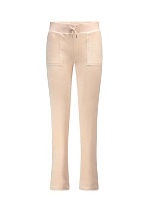 Pantaloni della tuta color beige chiaro con una texture morbida, vita elasticizzata, cordino e due tasche frontali di forma rettangolare.