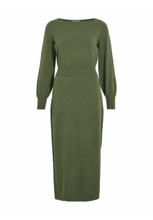 Olijfgroene midi-jurk van zachte brei stof, met een vierkante halslijn, lange pofmouwen en een getailleerde taille voor een slanke silhoeet.