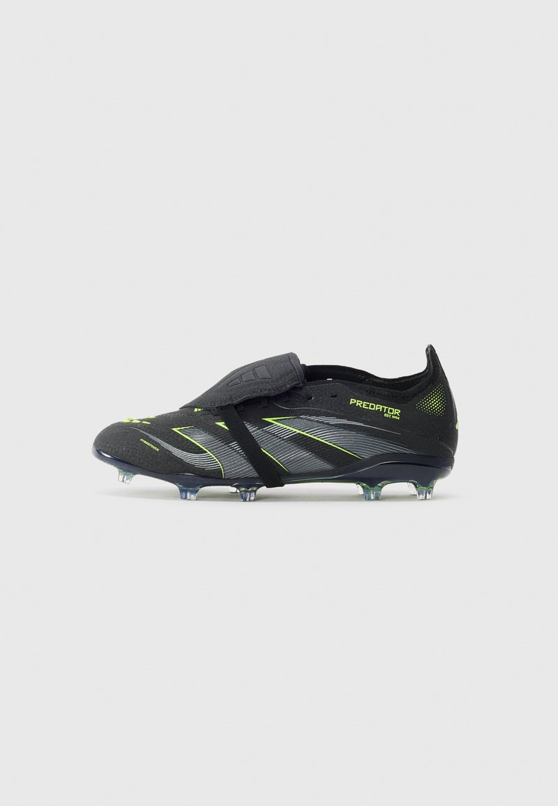 Black and neon green Adidas Predator football boot with cleats, covered laces, and textured grip on a plain white background.