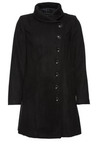 Svart ullblandad kappa med hög krage, knäppning framtill och två sidofickor. Har en skräddarsydd passform och slät textur.