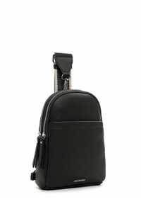 Black textured leather crossbody bag with dual zip compartments, silver hardware, and a detachable black and beige woven strap.