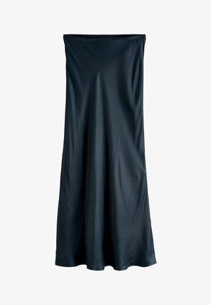 Rochie lungă, de un albastru închis, confecționată dintr-un material neted și ușor. Prezintă un design simplu, fluid, cu o croială dreaptă și drapaj subtil.