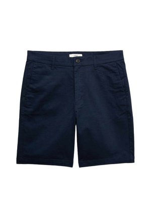 Granatowe, męskie spodenki do kolan, z zapięciem na guzik i suwak, szlufkami na pasek oraz kieszeniami po bokach.