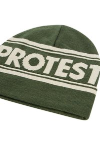 Zeleni pleteni beanie s bijelim tekstom "PROTEST" i horizontalnim prugama. Ima mekanu teksturu i zaobljeni vrh. Prikladan za svakodnevno nošenje.
