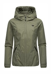 Olive green lightweight jacket with a hood, zippered front, and elastic cuffs. Two zippered pockets on the sides. Smooth texture.