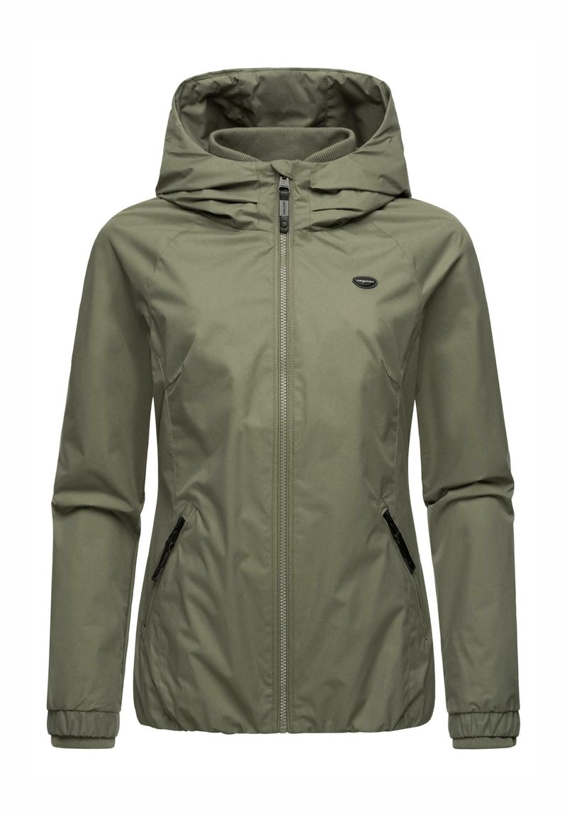 Olive green lightweight jacket with a hood, zippered front, and elastic cuffs. Two zippered pockets on the sides. Smooth texture.