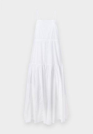 Biała bezrękawnikowa sukienka z dopasowaną górą, warstwową spódnicą i delikatnym blaskiem. Posiada regulowane cienkie ramiączka oraz marszczoną talię.