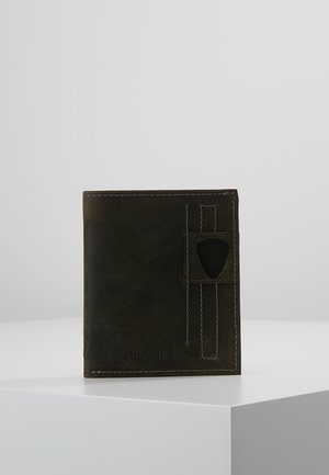 Brown leather wallet with a textured finish, featuring white stitching and a cutout accent. Compact, rectangular design with logo detail.