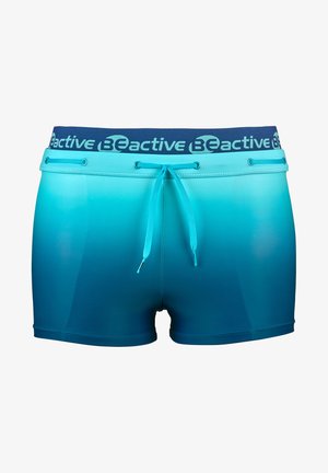 Blaue Gradient-Badeshorts mit einem elastischen Bund in Marineblau, der mit "BeActive"-Branding versehen ist. Zugbandverschluss und glatte, glänzende Textur.