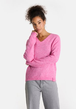 V-Ausschnitt, langärmliger Pullover in lebhaftem Pink, aus weichem, strukturiertem Stoff. Besitzt einen lässigen Schnitt sowie gerippte Bündchen und Saum.