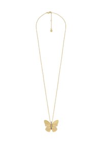 Collier pendentif en or en forme de papillon avec une finition texturée, des ailes détaillées, et une petite pierre précieuse en accent sur une chaîne délicate.