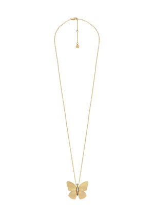 Collier pendentif en or en forme de papillon avec une finition texturée, des ailes détaillées, et une petite pierre précieuse en accent sur une chaîne délicate.