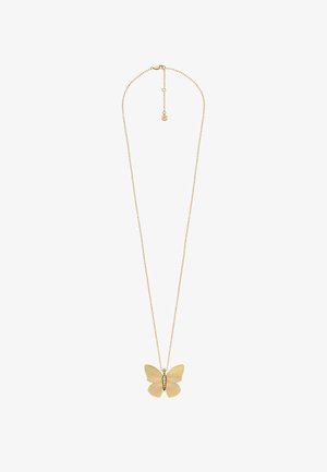 Collana con pendente a forma di farfalla in oro, con una finitura testurizzata, ali dettagliate e una piccola pietra gemma su una delicata catena.