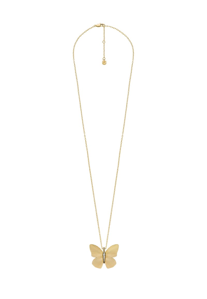 Collier pendentif en or en forme de papillon avec une finition texturée, des ailes détaillées, et une petite pierre précieuse en accent sur une chaîne délicate.