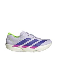 Chaussure de course lilas clair avec languette de talon vert néon, rayures violet foncé, accents roses, semelle blanche et étiquette "Lightstrike Pro" sur la semelle intermédiaire.