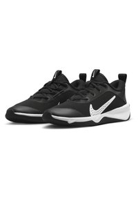 Black athletic shoes with a mesh upper, rubber sole, rounded toe, and a white Nike swoosh detail. Features a lace-up design and pull tabs.