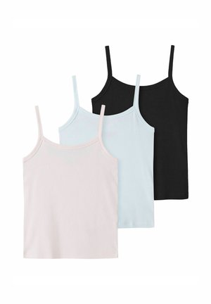 Trois débardeurs côtelés avec fines bretelles en rose pâle, bleu clair et noir, superposés côte à côte sur fond blanc.